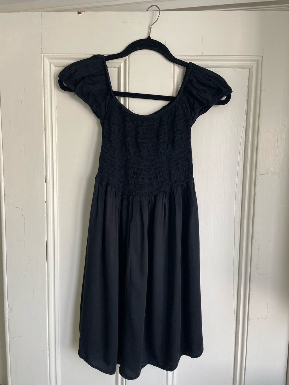 Odica Black Smocked Milkmaid Mini Dress Made in Italy Size S